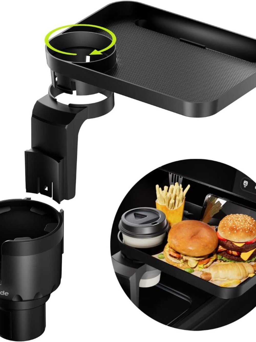 Car Cup Holder Tray -Expander- 3 in 1 Detachable Food Table Tray with Solid Base